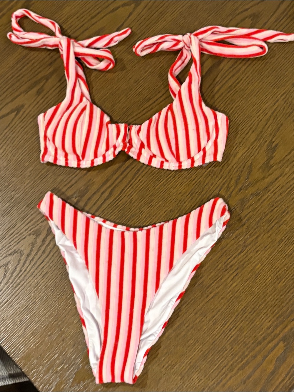Red and White Velvet Striped Two-Piece Swim Set